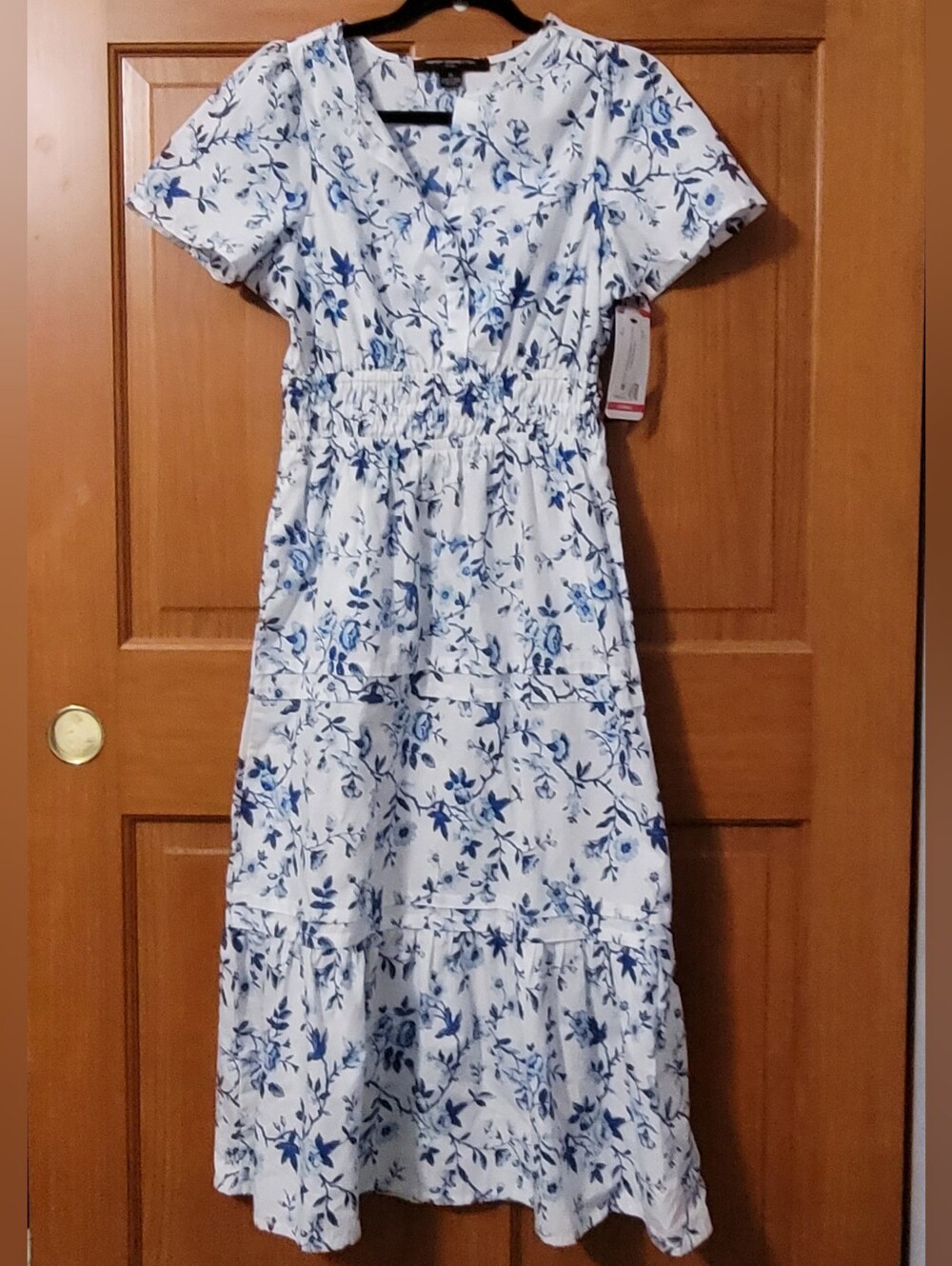 Womens XS White Blue Floral Tiered Maxi Dress Smocked Waist Cottagecore NWT